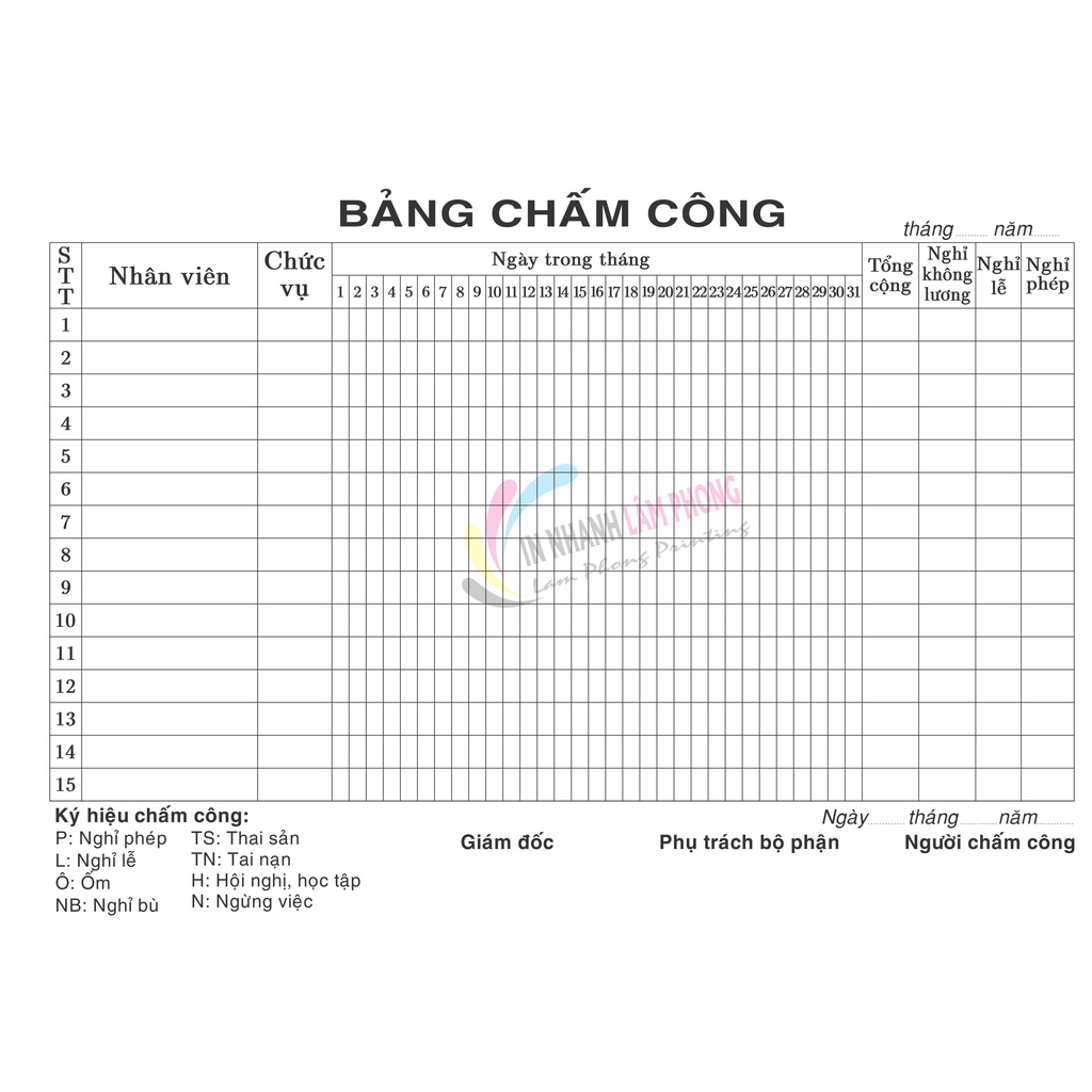 Sổ Chấm Công cho nhân viên, sổ ghi ngày công làm Tiện Lợi Cho Công Ty, Tổ Chức A4