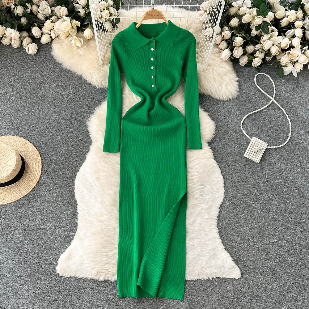 Đầm len cổ polo xẻ đùi gợi cảm, váy len dáng ôm