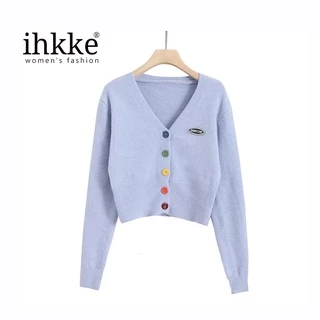 ihkke Áo khoác cardigan dệt kim dáng ngắn phối nút màu cầu vồng phong cách Hàn Quốc trẻ trung cho nữ