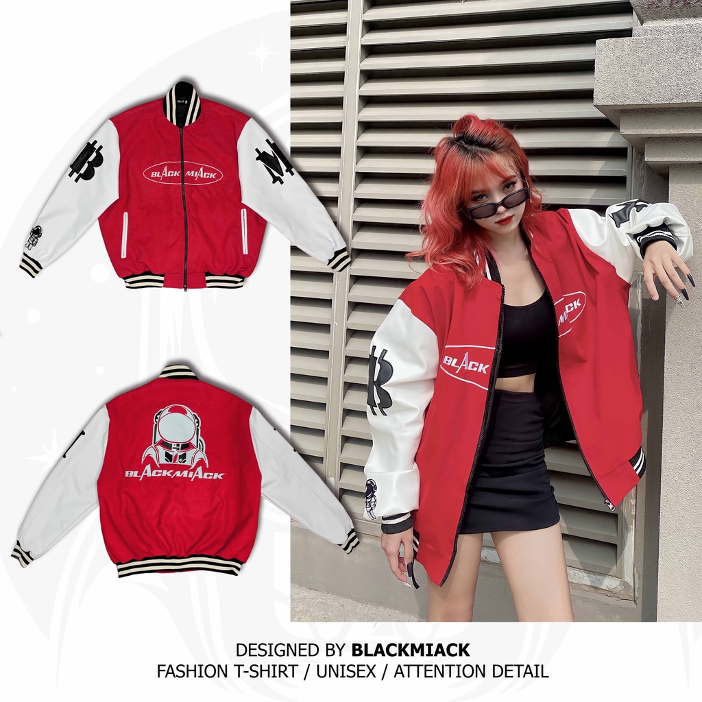 ○♈Áo Khoác Bomber Vasity Nỉ dạ, tay Da, Full Thêu màu ĐỎ Nam Nữ- BLACKMIACK Jacket