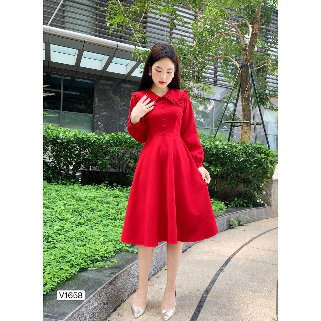 Đầm Xòe 💕 Đẹp DVC 💝 Váy xòe đỏ tiểu thư tay dài V1658 | BigBuy360 - bigbuy360.vn