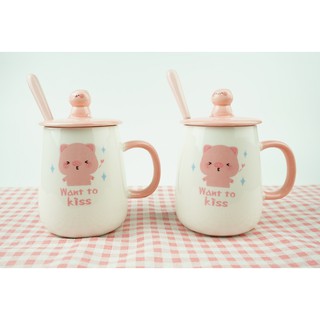 Cốc sứ lợn hồng want to kiss kèm thìa cán sứ 400ml