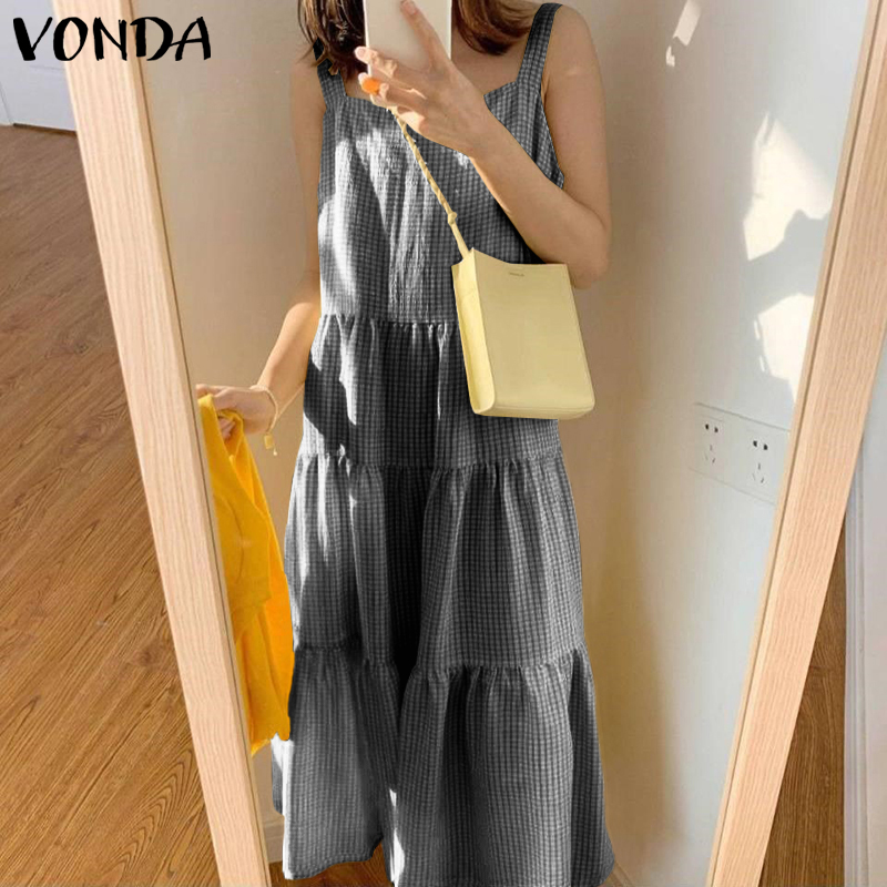 Đầm Dài VONDA Không Tay Xếp Ly Họa Tiết Caro Phong Cách Vintage Hàn Quốc Dành Cho Nữ