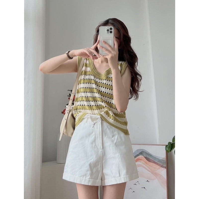 Áo Len Sát Nách Kẻ Ngang lỗ nhỏ, ba màu trend