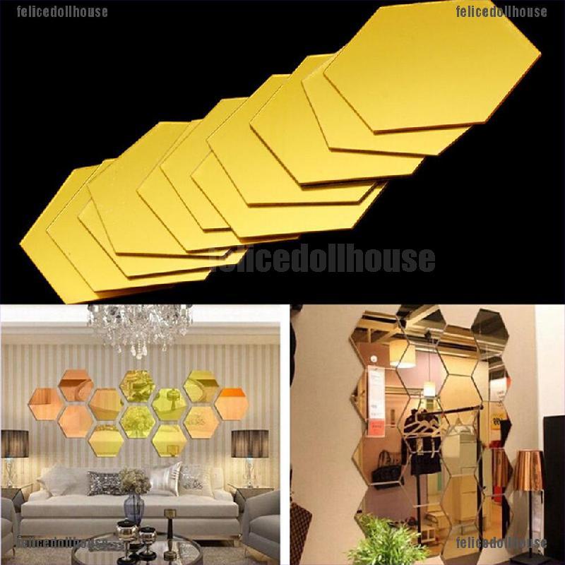Set 12 miếng dán tường hình lục giác tráng gương 3D độc đáo DIY