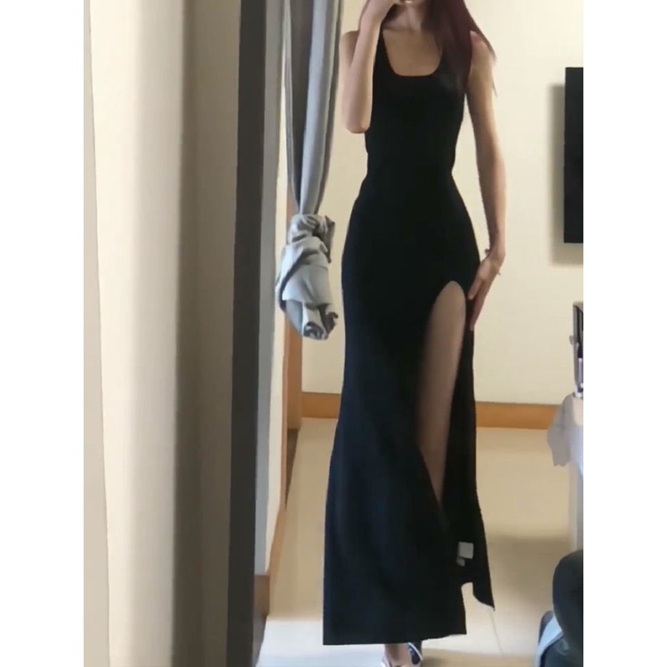 Đầm Thun Dài Qua Gối Không Tay Xẻ Tà Lưng Cao Thời Trang Mùa Hè Dành Cho Nữ