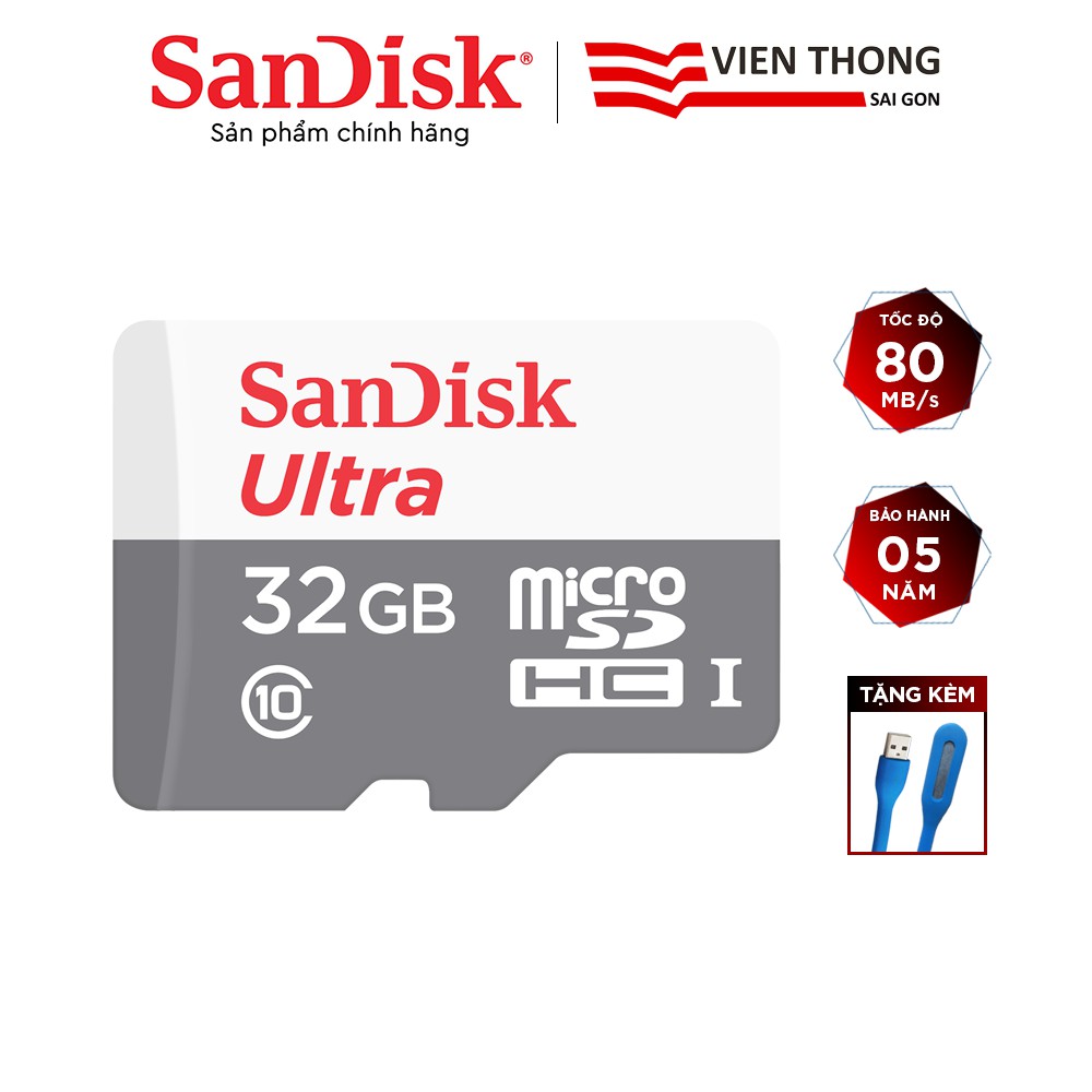 Thẻ nhớ microSDHC SanDisk Ultra 32GB upto 80MB/S 533x tặng đèn LED USB