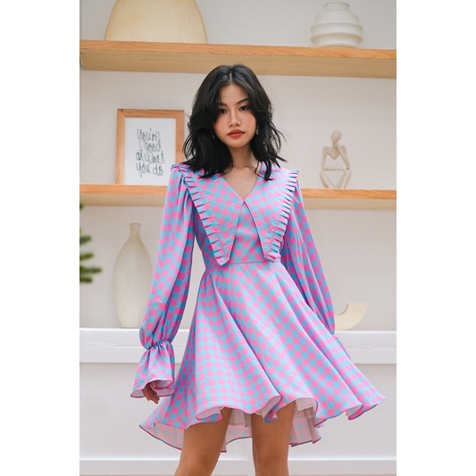 Double Moonshot - Đầm hoạ tiết bàn cờ xanh hồng