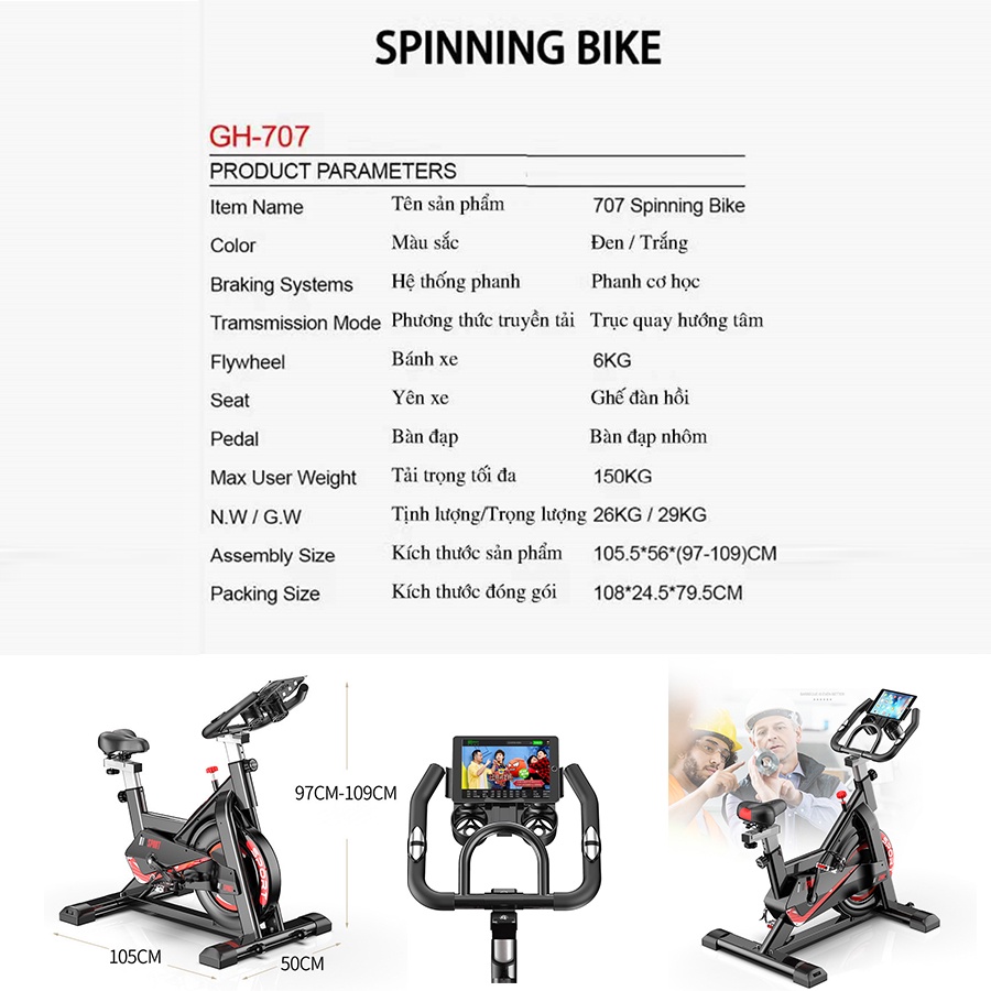 Xe đạp tập gym đa năng JOBUR SPINBIKE GH 707 Vận hành êm ái, hệ thống giảm sóc vượt trội