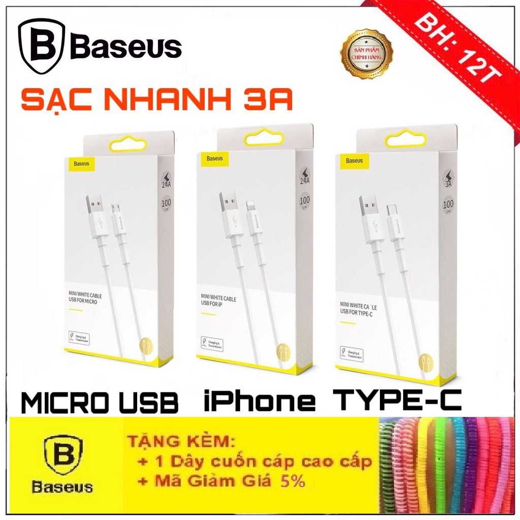 Dây Sạc Baseus💝Cao Cấp💝Cáp Sạc Iphone Mini White Cable Truyền Dữ Liệu Sạc Nhanh (2.4A)/Micro USB (2.4A)/Type C (3A)