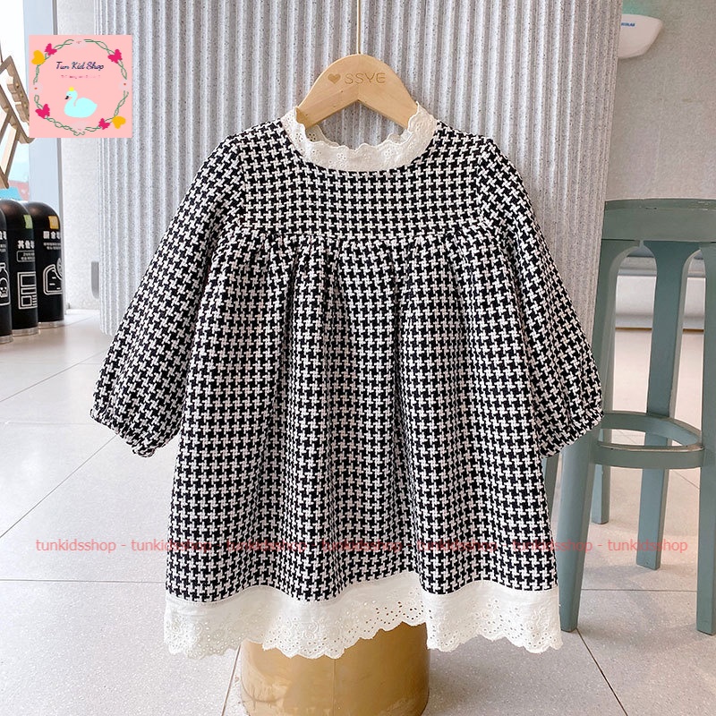 Đầm suông mùa thu đông cho bé gái dáng dài tay họa tiết kẻ caro đủ size dưới 14 tuổi