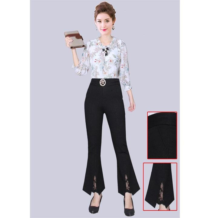 Quần thun ống loe lưng cao xẻ lai phối ren
