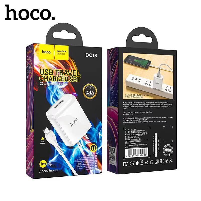 Bộ sạc nhanh 2.4A Hoco DC13 chân dẹt 1 cổng USB kèm dây Micro dài 1M cho Android