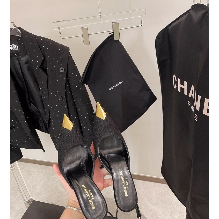 Giày Cao Gót 9Cm Vải Tuýt Phối Dây Xích