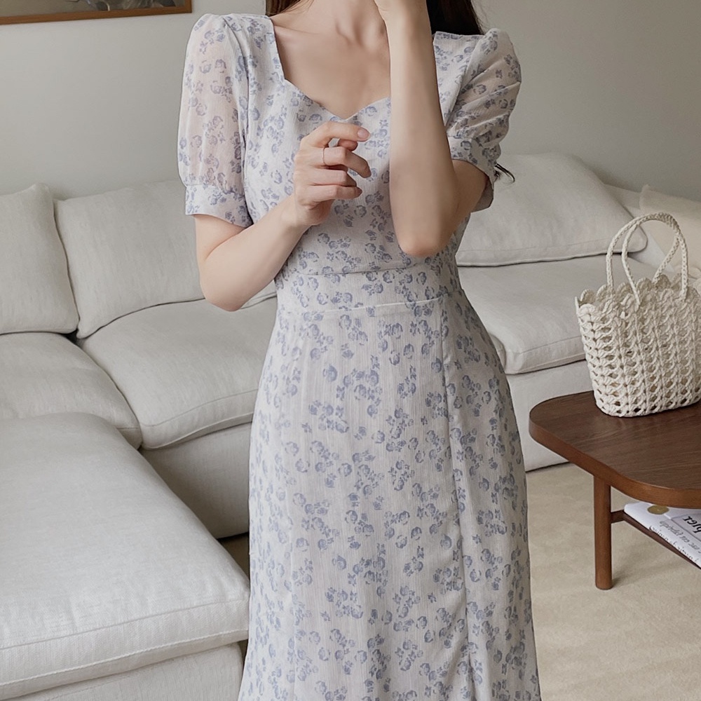 SUXI Đầm Tay Ngắn Cổ Chữ V Họa Tiết Hoa Thiết Kế Đơn Giản Phong Cách Vintage