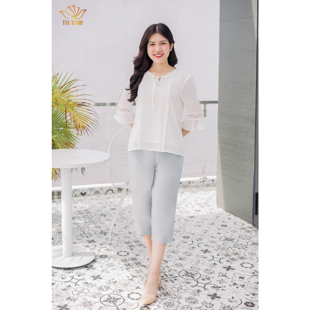 Áo somi cao cấp cổ tròn cột nơ tay lỡ trắng TTV583