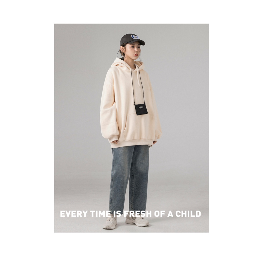Áo hoodie form rộng phong cách Hàn Quốc năng động cho cặp đôi màu be