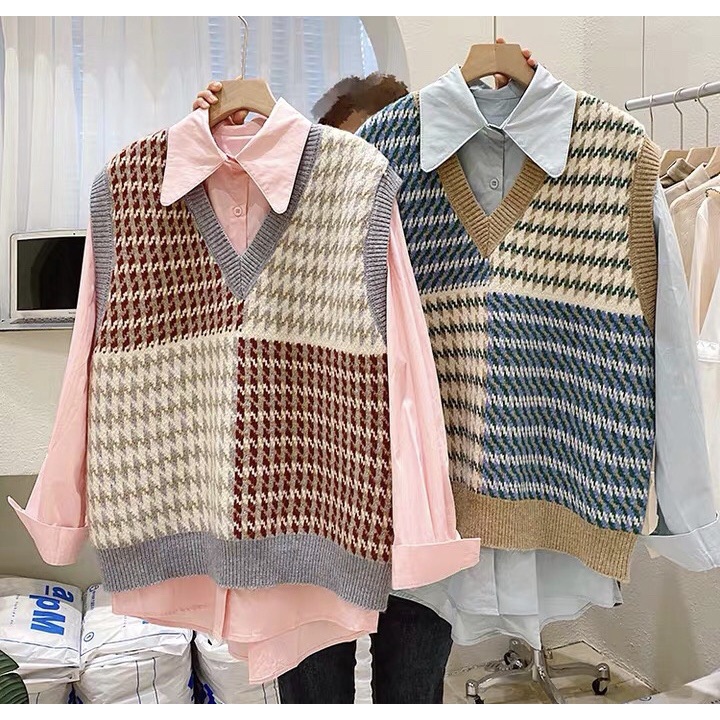 Áo gile len nữ họa tiết thổ cẩm kẻ ô các kiểu thu đông rẻ đẹp Hàn Quốc Sollle