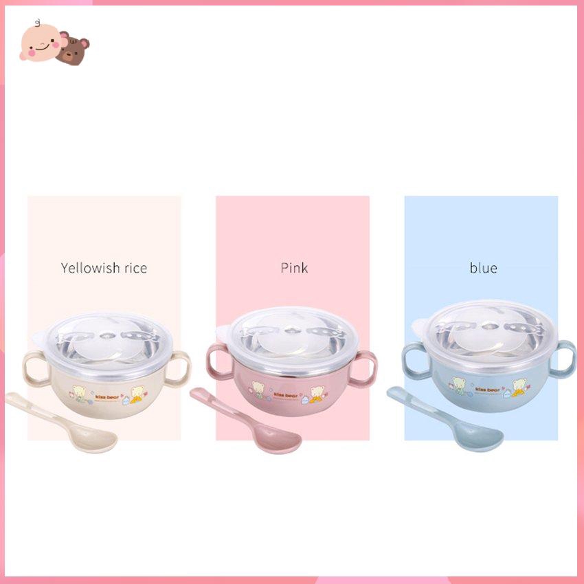 Bát ăn dặm hai quai bằng thép không gỉ có nắp đậy và thìa an toàn cho bé