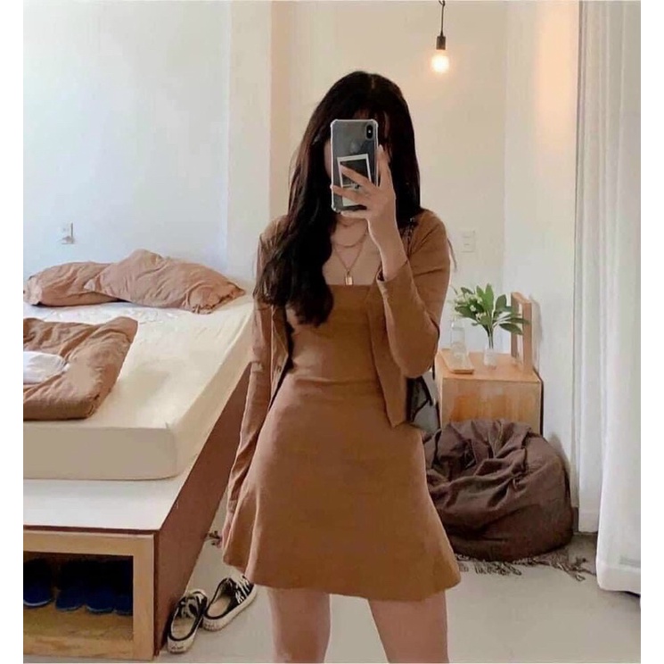 Set đầm body hai dây dáng chữ A kèm áo khoác croptop