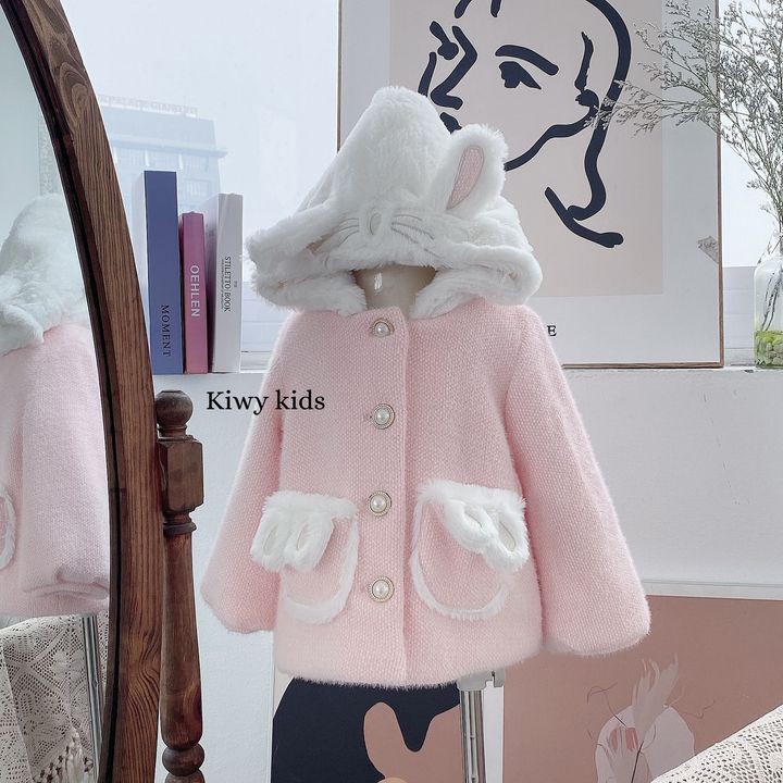 Áo khoác bé gái Kiwy Kids chất liệu len lông mềm mại có mũ tai thỏ đáng yêu Kids58-2137 cho bé từ 1 đến 11 tuổi