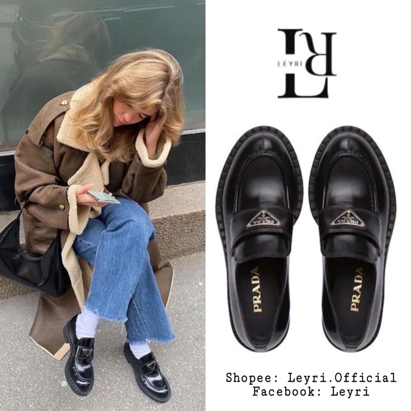 Sz39 Giày lười Loafer Prada Da bóng thời trang FORM CAO CẤP VIP Đế cao