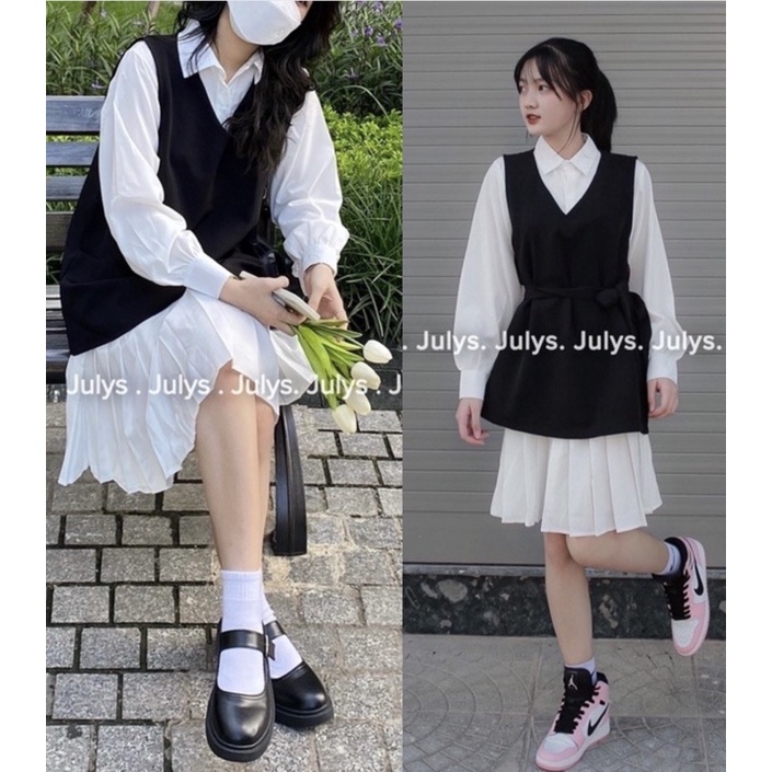 Set yếm nữ, Set váy yếm áo sơ mi babydoll kèm dây cực xinh (video/clip thật) – (TTA25)