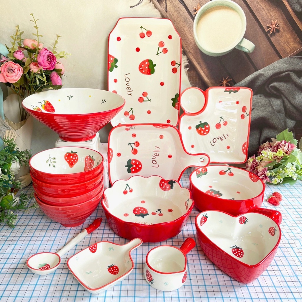 Bộ Đĩa Sứ Decor Dâu Tây Cherry Chén Dĩa Dễ Thương Cute Cao Cấp S12