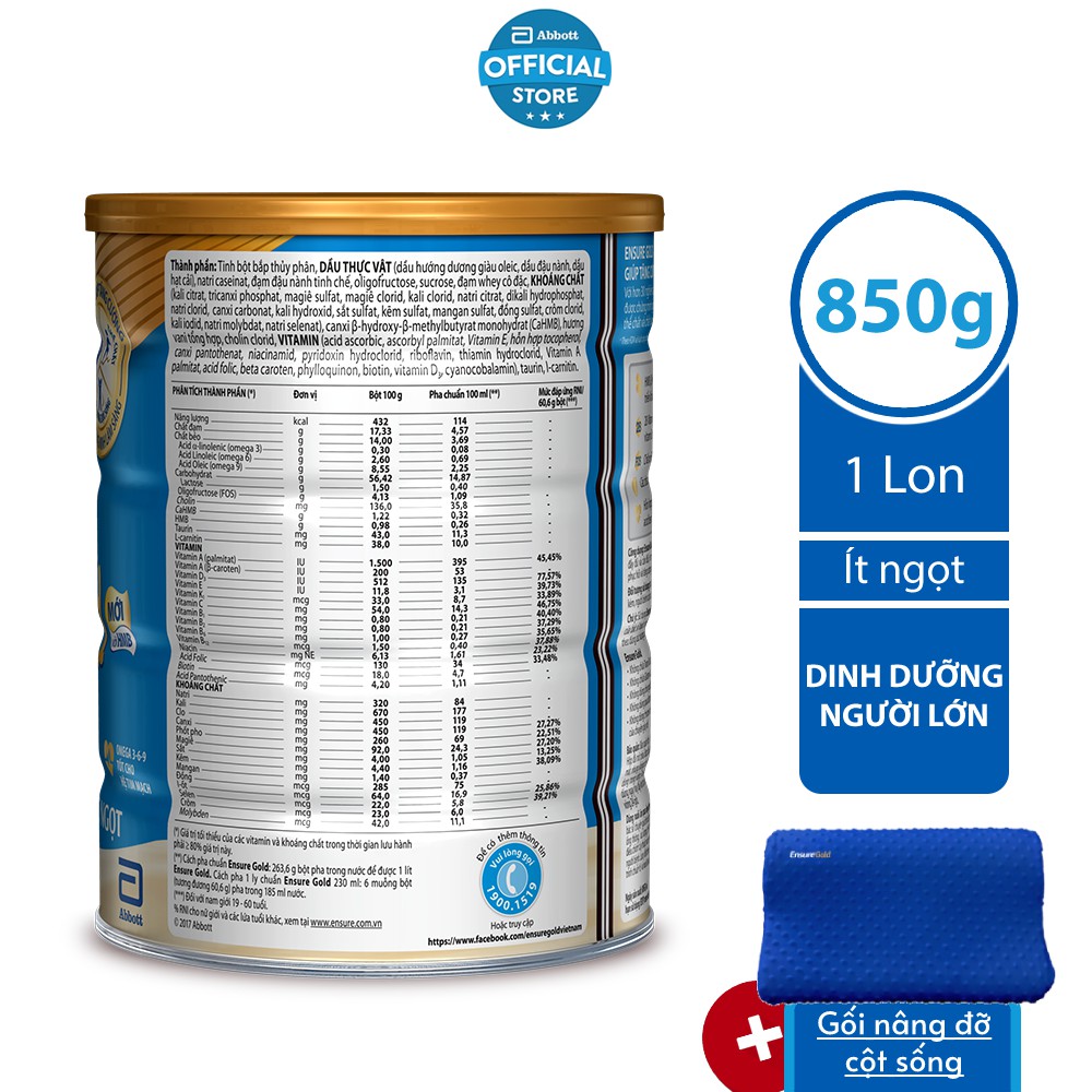 [Tặng Gối nâng đỡ cột sống màu bất kỳ] Sữa bột Abbott Ensure 850g/lon Ít ngọt