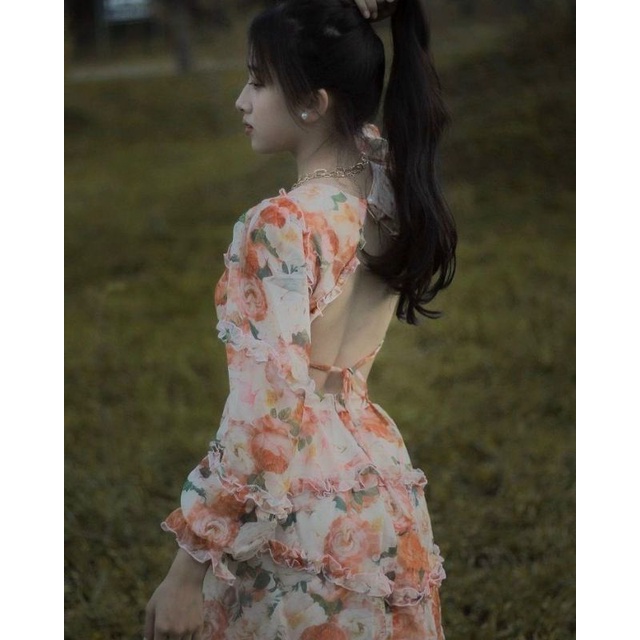 ĐẦM HOA VOAN KHOÉT EO TAY DÀI