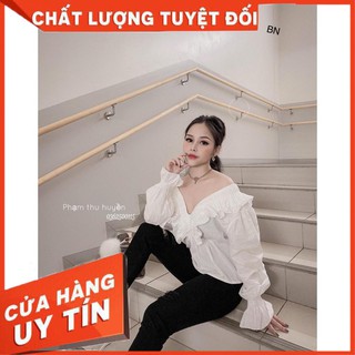 Áo sơ mi trễ vai bèo tay chun tiểu thư hàng quảng châu