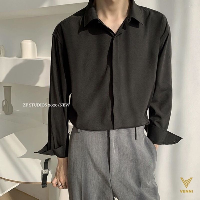 Áo sơ mi Đen/Trắng/Xanh áo sơ mi nam dài tay vải lụa cổ bẻ phong cách Hàn Quốc - SML01 VENNI | BigBuy360 - bigbuy360.vn