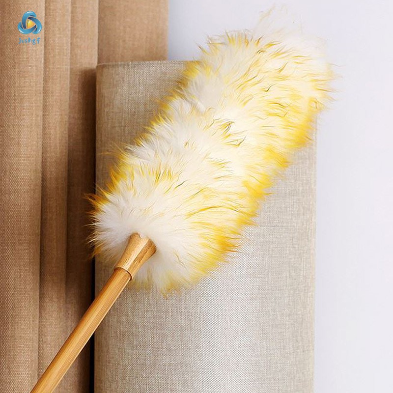 Chổi phủi bụi đồ nội thất bằng lông cừu mềm không tĩnh điện có cán gỗ dài tiện dụng