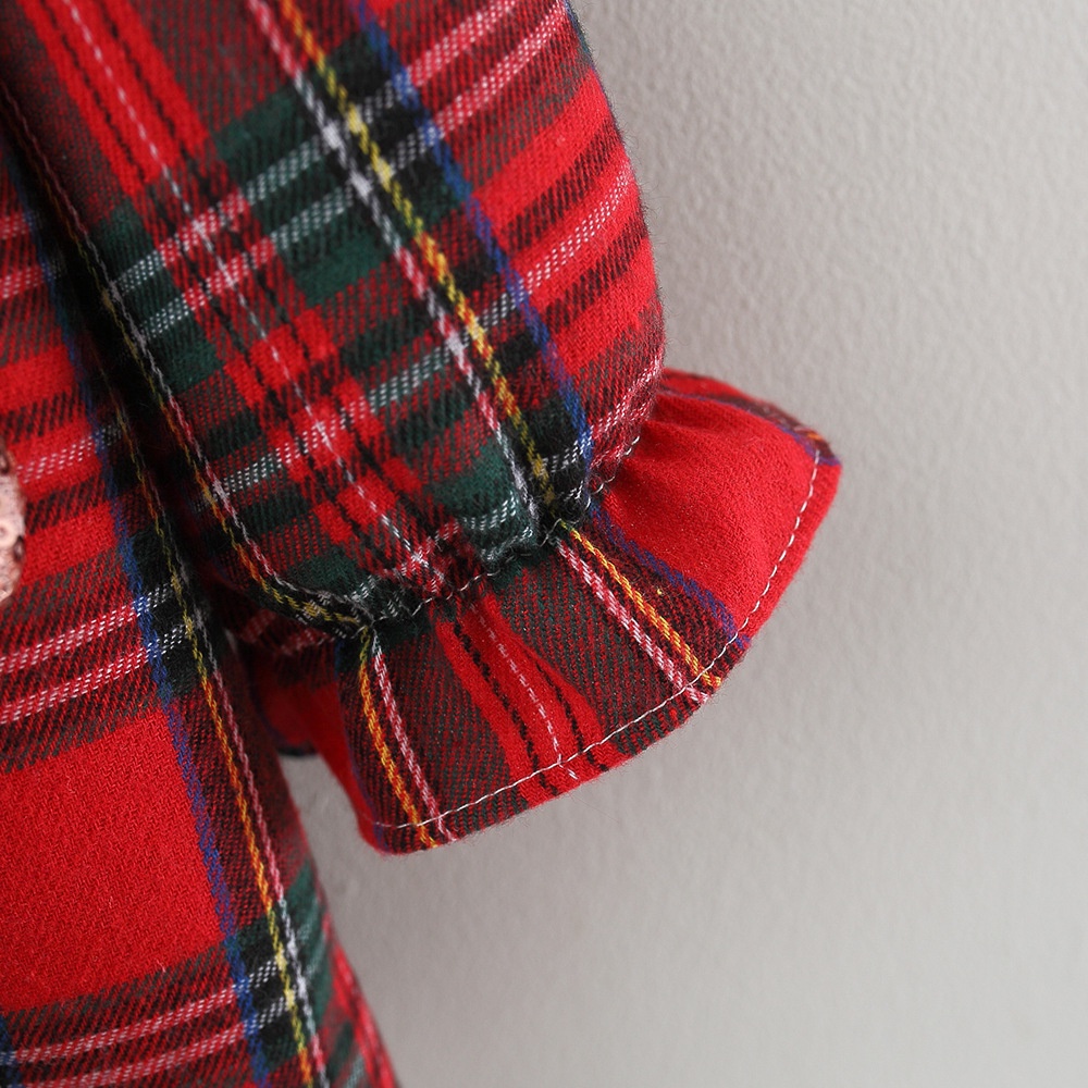 Set Đầm Bé Gái Caro Đỏ Dài Tay Phom Baby Doll Phối Túi Thỏ