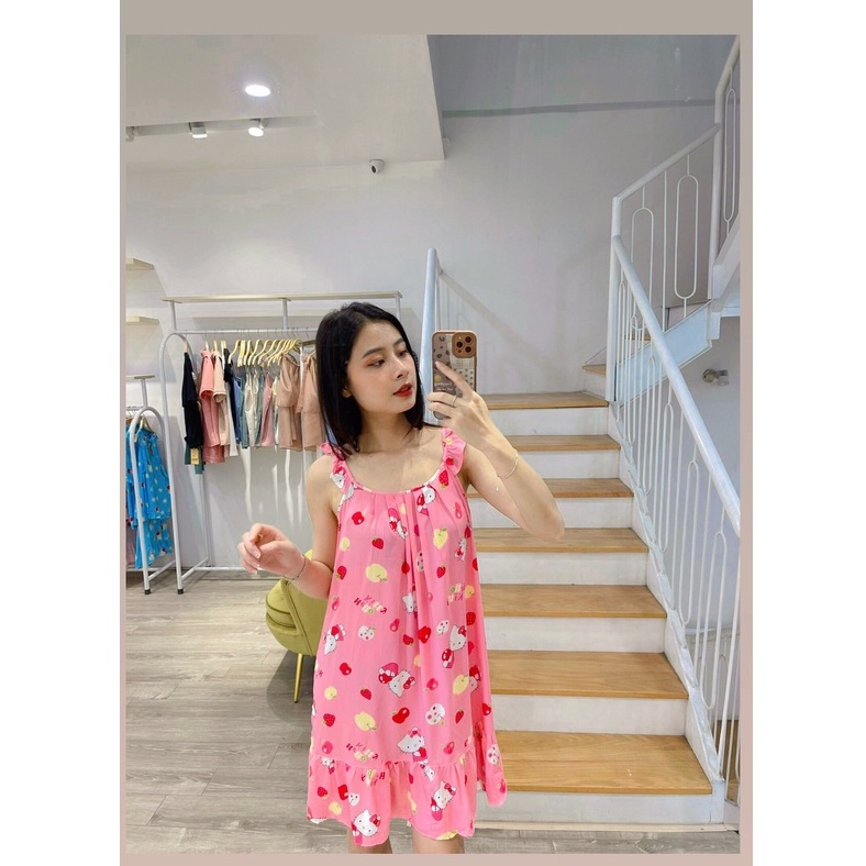 Bộ ngủ vải lanh màu hồng họa tiết Hello Kitty