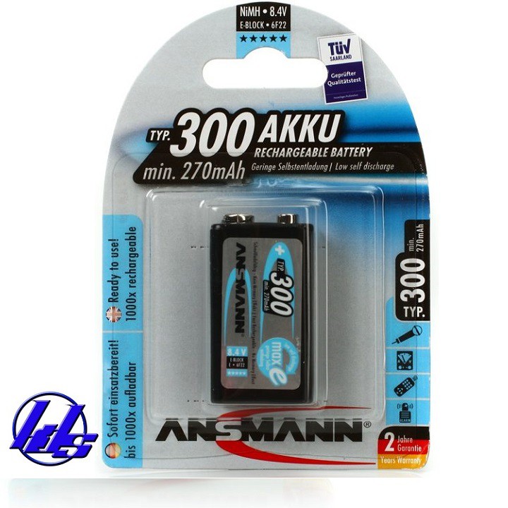 Pin sạc vuông 9V Ansmann MaxE E-Block 6F22 300mAh - Vỉ 1 viên