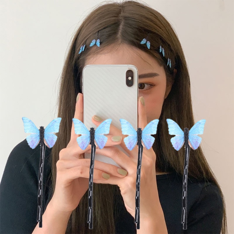 Set 4 Kẹp Tóc Hình Bướm Bằng Kim Loại Màu Xanh Dương Phong Cách Hàn Quốc Lãng Mạn Cho Nữ