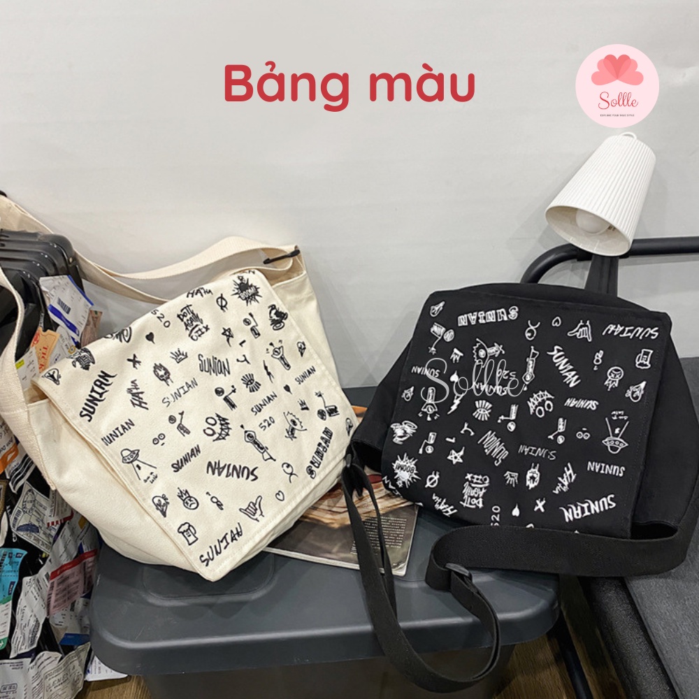 Túi tote đeo chéo nam nữ đi học vải canvas cặp đeo vai unisex ulzzang hoạt hình Sollle