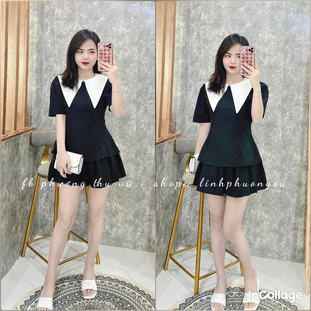 Set bộ (có bán lẻ) đen áo kiểu sơ mi bo eo cổ nhọn trắng tay bồng + Chân váy cạp cao xếp ly có lót (ảnh thật tự chụp)