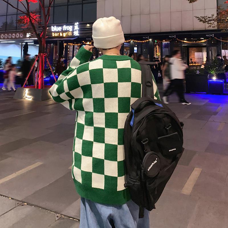 🔥Áo Khoác Sweater🔥Dệt Kim Dáng Rộng Cổ Tròn Họa Tiết Kẻ Ô Thời Trang Thu Đông Cho Nam FARU133