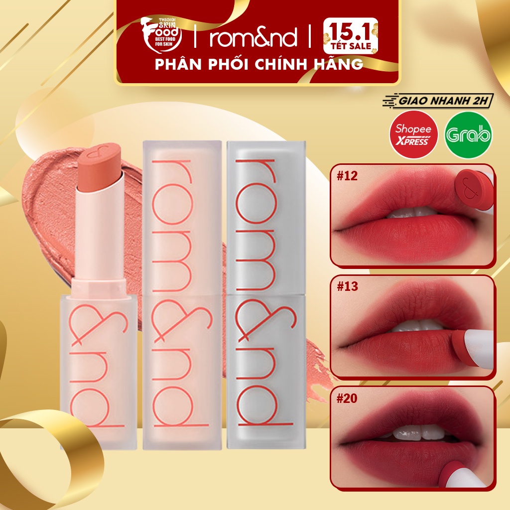 [Full 20 màu] Son thỏi Siêu Lì Cao Cấp Hàn Quốc Romand New Zero Matte Lipstick 3g (02 gạch MLBB, 09 nude, 13 đỏ cổ điển)