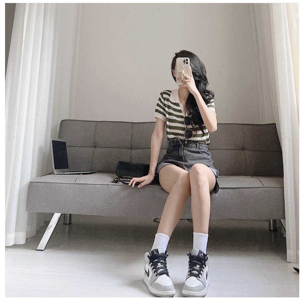 Áo len móc polo cổ V có tay Hàn Quốc 2022