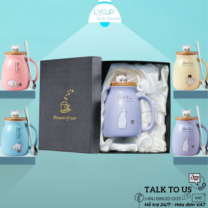 Ly sứ MÈO LƯỜI cao cấp CÓ NẮP GỖ và THÌA dung tích 420ml họa tiết GoodTime, cốc sứ quà tặng thông điệp Tiếng Anh ý nghĩa
