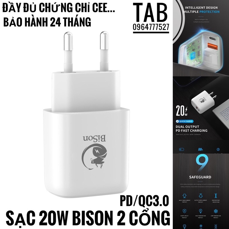 Củ Sạc Nhanh 20w Bison 2 Cổng PD/QC3.0 - Chính Hãng (Bảo Hành 24T)