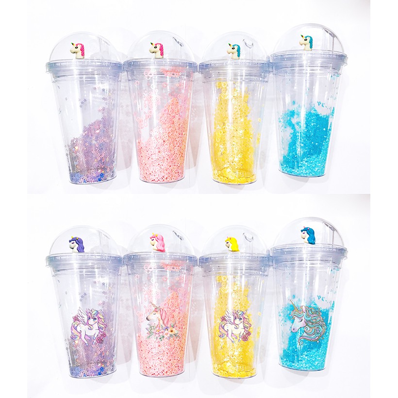 Cốc 2 lớp kim tuyến ngựa thần khủng long nắp cầu CNCKI11 cốc giữ nhiệt ly 2 lớp nắp cầu cốc làm lạnh dễ thương 500ml
