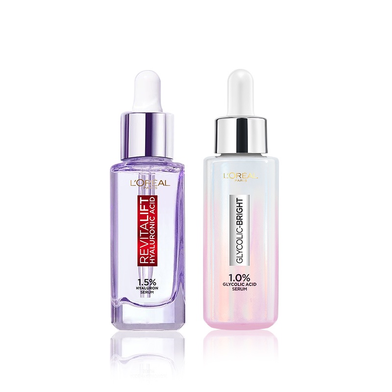 Bộ 2 Serum sáng da Glycolic Bright 1.0% Glycolic Acid 30ml &amp; Serum siêu cấp ẩm Revitalift Pure Hyaluronic L'Oreal Paris
