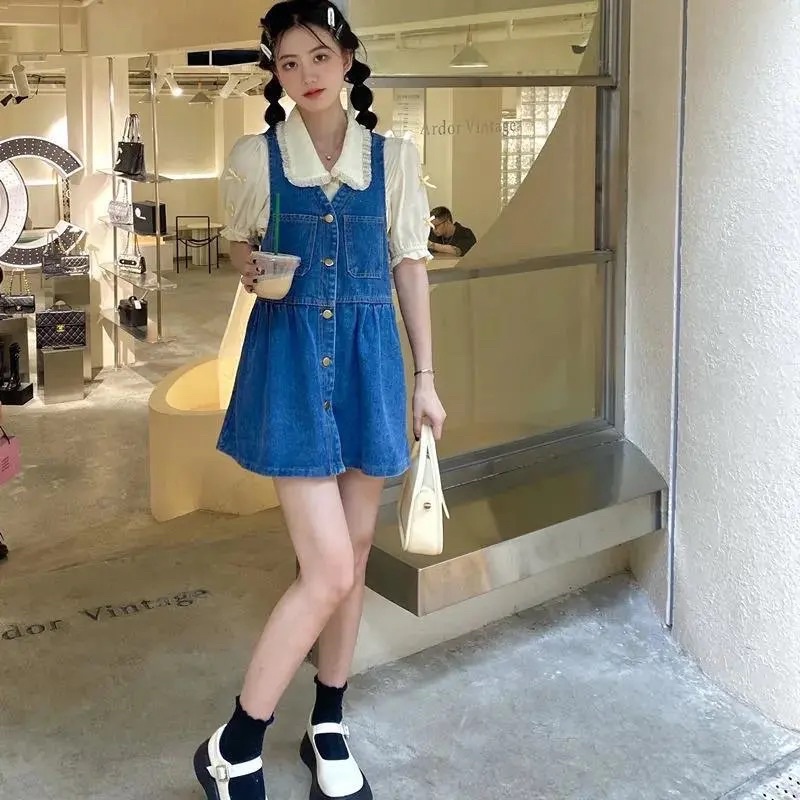 Váy Yếm Bò Denim, Đầm Jean Dáng Baby Doll Không Tay Sát Nách Phong Cách Tiểu Thư Hàn Quốc Cài Cúc Cổ V loại 1 Năng Động