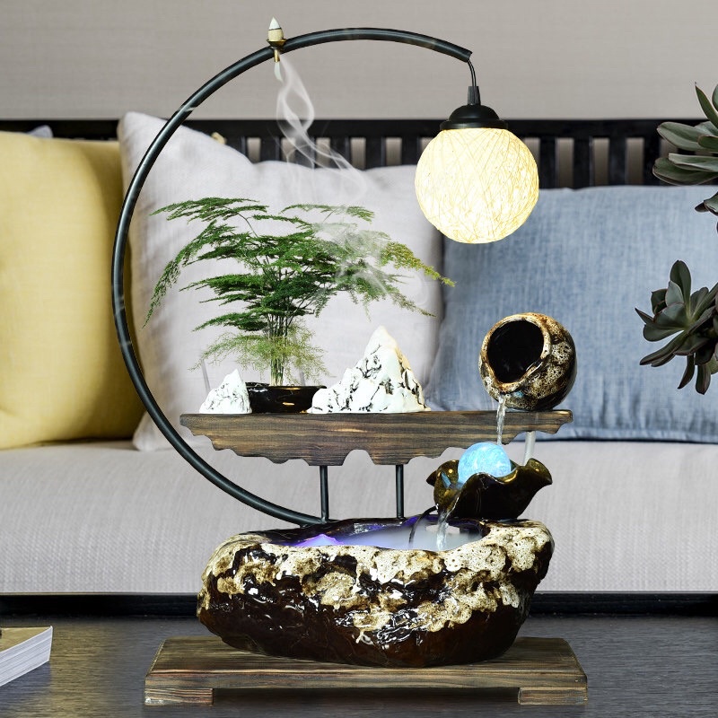 Vật phẩm trang trí phong thuỷ thác khói trầm hương đèn LED043 Phong thuỷ luân chiêu tài FULL đèn + máy tạo khói