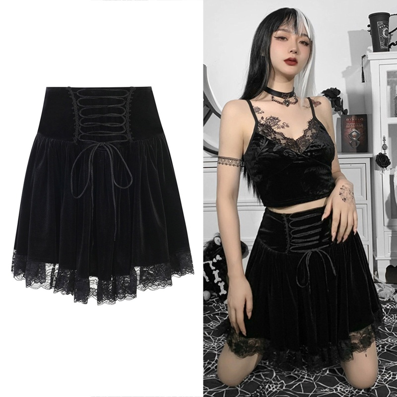 Chân Váy Chữ A Lưng Cao Màu Đen Phối Dây Rút Phong Cách Gothic