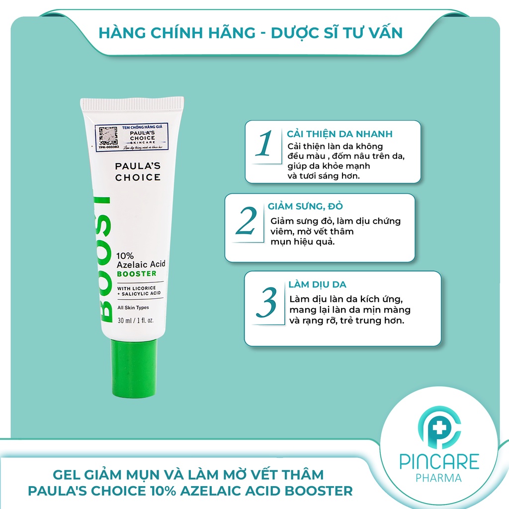 Gel giảm mụn và mờ thâm Paula's Choice 10% Azelaic Acid Booster 30ml - Hàng chính hãng - Nhà thuốc PinCare